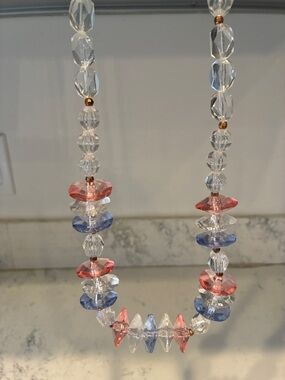 Vintage Necklace Chunky Pink Blue Clear Gold Acrylic Lucite Beads Long & Elegant